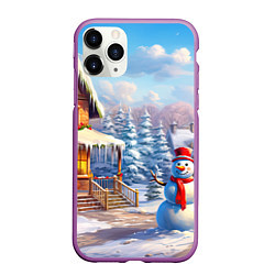Чехол iPhone 11 Pro матовый Новогодняя деревня и снеговик, цвет: 3D-фиолетовый