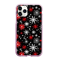Чехол iPhone 11 Pro матовый Белые и красные снежинки на черном фоне - нейросет, цвет: 3D-розовый