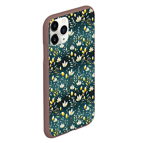 Чехол iPhone 11 Pro матовый Цветочки на зеленом поле паттерн / 3D-Коричневый – фото 2