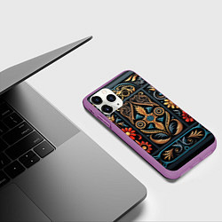 Чехол iPhone 11 Pro матовый Узор с растительными элементами в славянском стиле, цвет: 3D-фиолетовый — фото 2