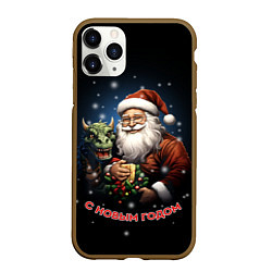 Чехол iPhone 11 Pro матовый Дед мороз с драконом, цвет: 3D-коричневый