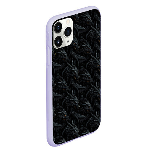 Чехол iPhone 11 Pro матовый Черные драконы паттерн / 3D-Светло-сиреневый – фото 2