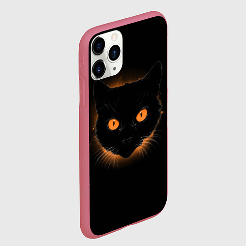 Чехол iPhone 11 Pro матовый Портрет черного кота в оранжевом свечении / 3D-Малиновый – фото 2