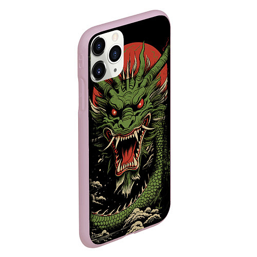 Чехол iPhone 11 Pro матовый Зеленый дракон с открытой пастью / 3D-Розовый – фото 2