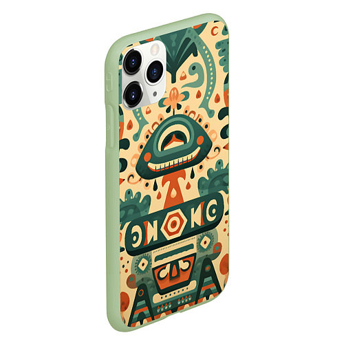 Чехол iPhone 11 Pro матовый Абстрактный узор в мексиканском фолк-арт стиле / 3D-Салатовый – фото 2