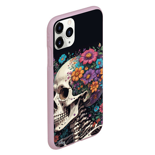 Чехол iPhone 11 Pro матовый Скелет среди цветов / 3D-Розовый – фото 2