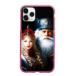 Чехол iPhone 11 Pro матовый Дед Мороз и Снегурочка в русских нарядах, цвет: 3D-малиновый