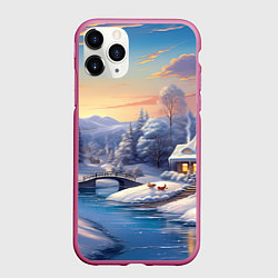 Чехол iPhone 11 Pro матовый Снежный двор новогодний, цвет: 3D-малиновый