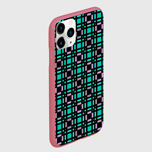 Чехол iPhone 11 Pro матовый Зелено-сиреневый с черный клетчатый узор / 3D-Малиновый – фото 2