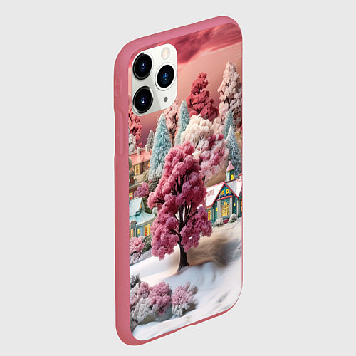 Чехол iPhone 11 Pro матовый Зимний закат новый год / 3D-Малиновый – фото 2