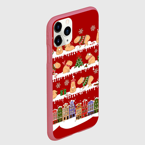 Чехол iPhone 11 Pro матовый Капибара с семьей на Новый год / 3D-Малиновый – фото 2