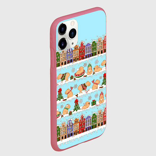 Чехол iPhone 11 Pro матовый Капибара с семьей на прогулке / 3D-Малиновый – фото 2