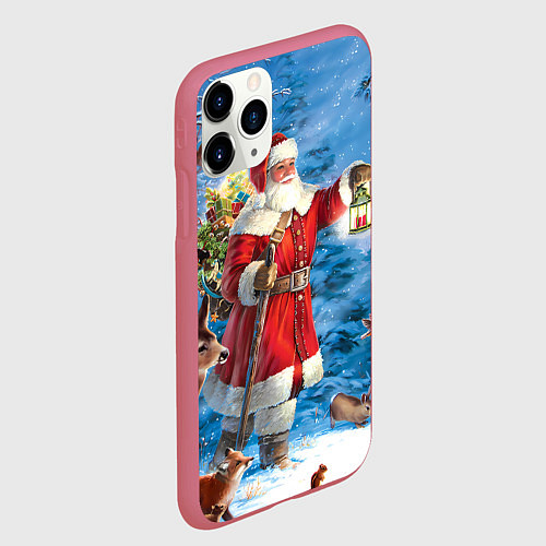 Чехол iPhone 11 Pro матовый Дед Мороз в лесу с животными / 3D-Малиновый – фото 2