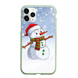 Чехол iPhone 11 Pro матовый Весёлый снеговик в колпаке, цвет: 3D-салатовый