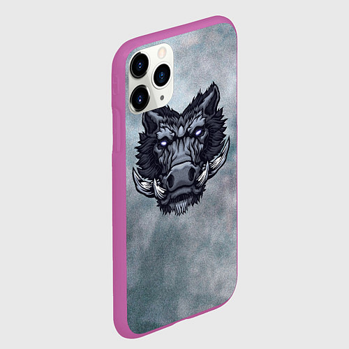 Чехол iPhone 11 Pro матовый Стальной дикий кабан на сером фоне / 3D-Фиолетовый – фото 2