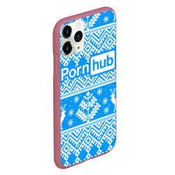 Чехол iPhone 11 Pro матовый Порнхаб - новогодний синий паттерн, цвет: 3D-малиновый — фото 2