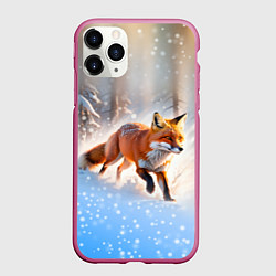 Чехол iPhone 11 Pro матовый Лиса на зимней охоте, цвет: 3D-малиновый
