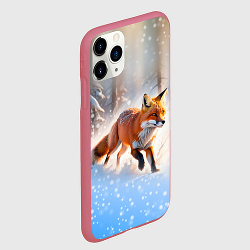 Чехол iPhone 11 Pro матовый Лиса на зимней охоте / 3D-Малиновый – фото 2