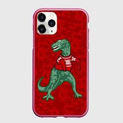 Чехол iPhone 11 Pro матовый Динозавр в свитере - новогодние драконы, цвет: 3D-малиновый