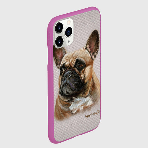 Чехол iPhone 11 Pro матовый Французский палевый бульдог на кирпичной стене / 3D-Фиолетовый – фото 2