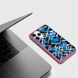 Чехол iPhone 11 Pro матовый Синие фигуры и белые линии, цвет: 3D-малиновый — фото 2