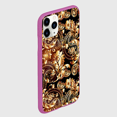 Чехол iPhone 11 Pro матовый Пейсли золотые узоры / 3D-Фиолетовый – фото 2