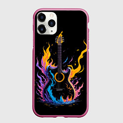 Чехол iPhone 11 Pro матовый Гитара в неоновом огне, цвет: 3D-малиновый