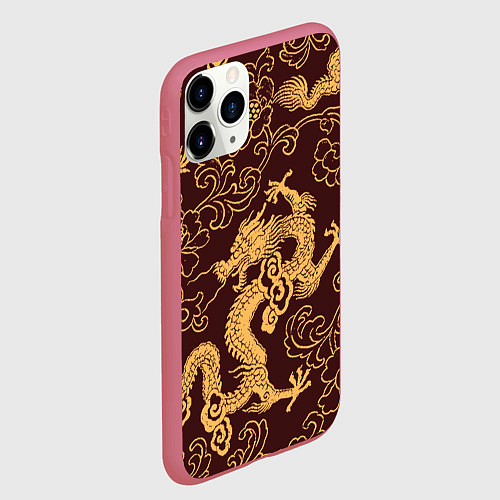 Чехол iPhone 11 Pro матовый Черно-золотая гравюра дракона / 3D-Малиновый – фото 2
