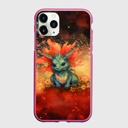 Чехол iPhone 11 Pro матовый Дракон на фоне салютов, цвет: 3D-малиновый