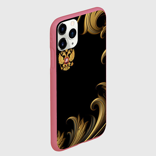Чехол iPhone 11 Pro матовый Герб России и золотистый узор / 3D-Малиновый – фото 2