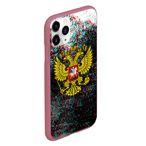 Чехол iPhone 11 Pro матовый Россия герб краски глитч / 3D-Малиновый – фото 2