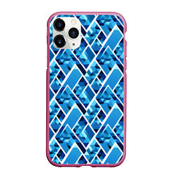 Чехол iPhone 11 Pro матовый Синие треугольники и белые полосы, цвет: 3D-малиновый