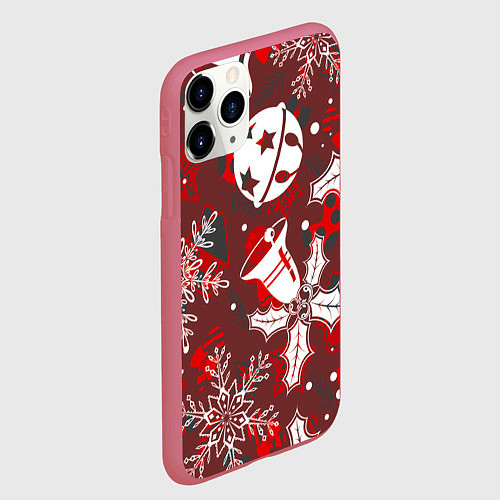 Чехол iPhone 11 Pro матовый Рождественские узоры паттерны / 3D-Малиновый – фото 2