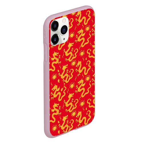 Чехол iPhone 11 Pro матовый Золотые драконы на красном фоне / 3D-Розовый – фото 2