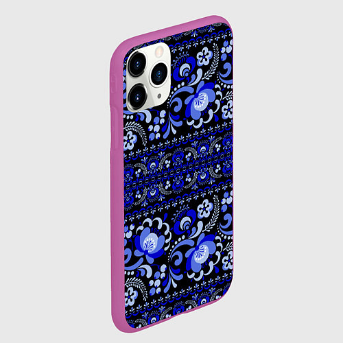 Чехол iPhone 11 Pro матовый Новогодняя гжельская роспись цветами на чёрном фон / 3D-Фиолетовый – фото 2