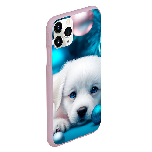 Чехол iPhone 11 Pro матовый Белый щенок с розовыми и голубыми шариками / 3D-Розовый – фото 2