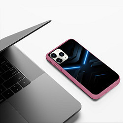 Чехол iPhone 11 Pro матовый Синяя неоновая полоса на черном фоне, цвет: 3D-малиновый — фото 2