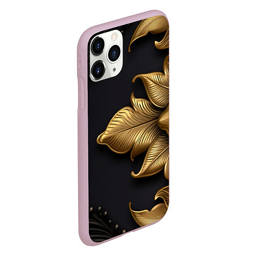 Чехол iPhone 11 Pro матовый Золотые объемные листья на черном фоне / 3D-Розовый – фото 2