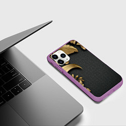 Чехол iPhone 11 Pro матовый Золотые объемные листья на сером фоне, цвет: 3D-фиолетовый — фото 2