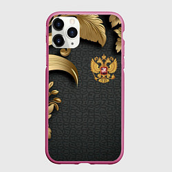 Чехол iPhone 11 Pro матовый Золотой герб России и объемные узоры, цвет: 3D-малиновый