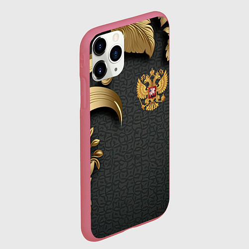 Чехол iPhone 11 Pro матовый Золотой герб России и объемные узоры / 3D-Малиновый – фото 2
