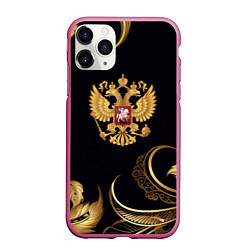 Чехол iPhone 11 Pro матовый Золотой герб России и объемные листья, цвет: 3D-малиновый