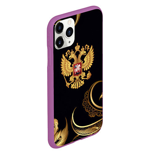 Чехол iPhone 11 Pro матовый Золотой герб России и объемные листья / 3D-Фиолетовый – фото 2