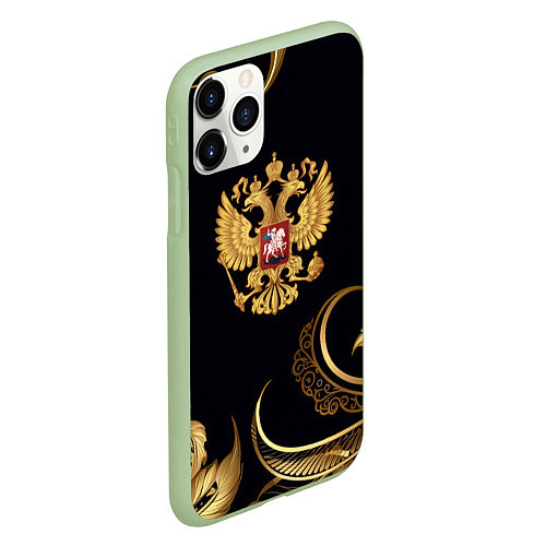 Чехол iPhone 11 Pro матовый Золотой герб России и объемные листья / 3D-Салатовый – фото 2