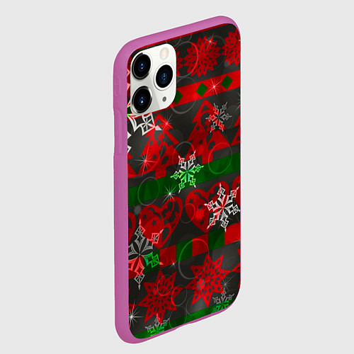 Чехол iPhone 11 Pro матовый Рождественские узоры ёлки и снежинки / 3D-Фиолетовый – фото 2