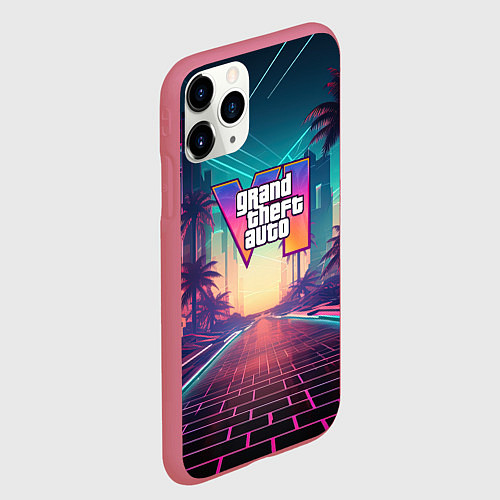 Чехол iPhone 11 Pro матовый GTA 6 night city logo / 3D-Малиновый – фото 2