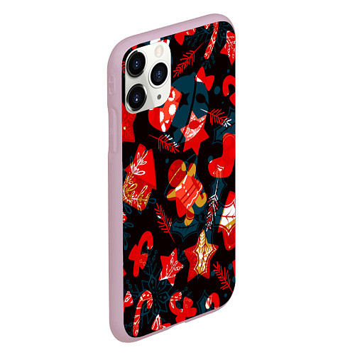 Чехол iPhone 11 Pro матовый Рождественские узоры красные / 3D-Розовый – фото 2