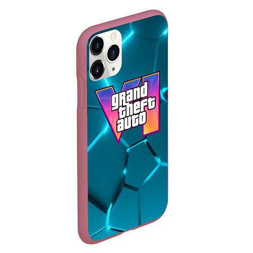 Чехол iPhone 11 Pro матовый GTA 6 лого на фоне разлома голубых плит / 3D-Малиновый – фото 2