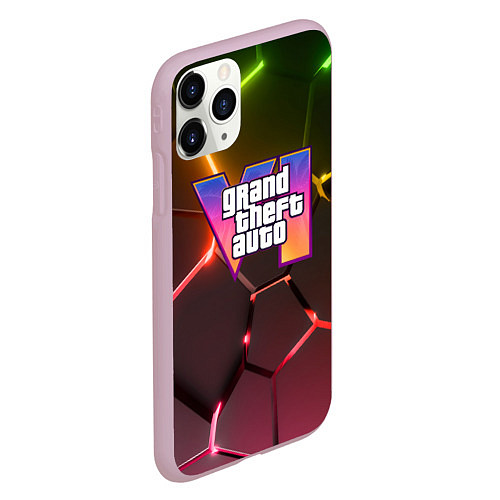 Чехол iPhone 11 Pro матовый GTA 6 лого на фоне разлома радужных плит / 3D-Розовый – фото 2