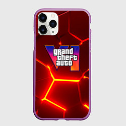 Чехол iPhone 11 Pro матовый GTA 6 лого на фоне разлома красных плит, цвет: 3D-фиолетовый